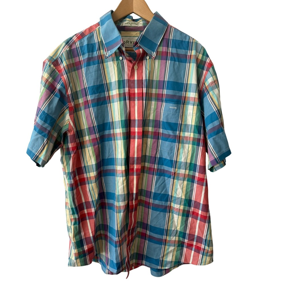 Orvis Mens XL Short Sleeve Button Down Shirt Vintage Multi Color Plaid Cotton